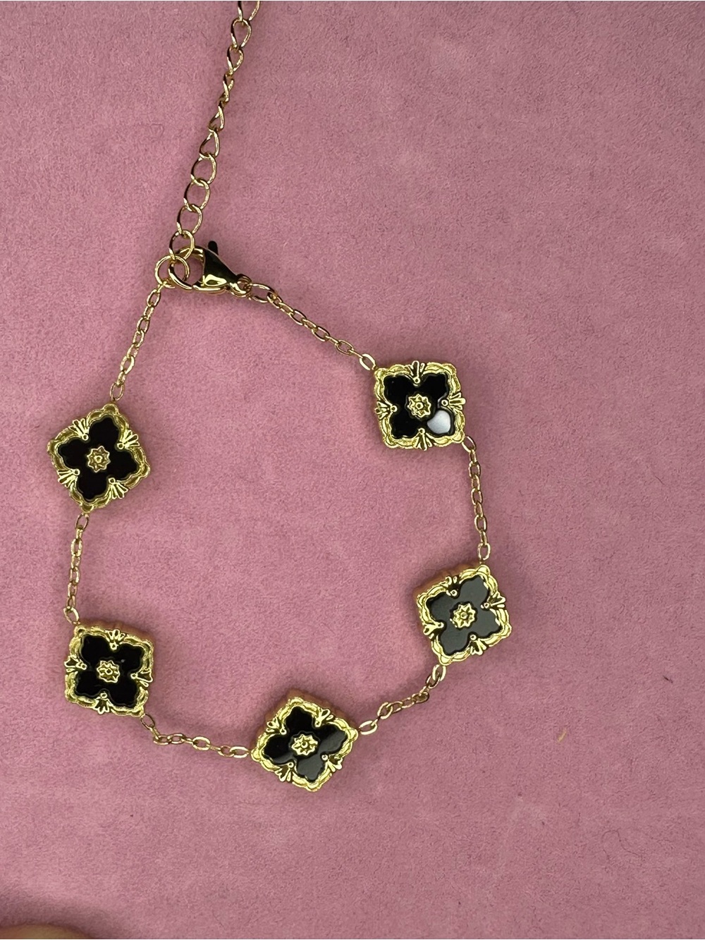 Gold-Plated Black Enamel Floral Link Bracelet